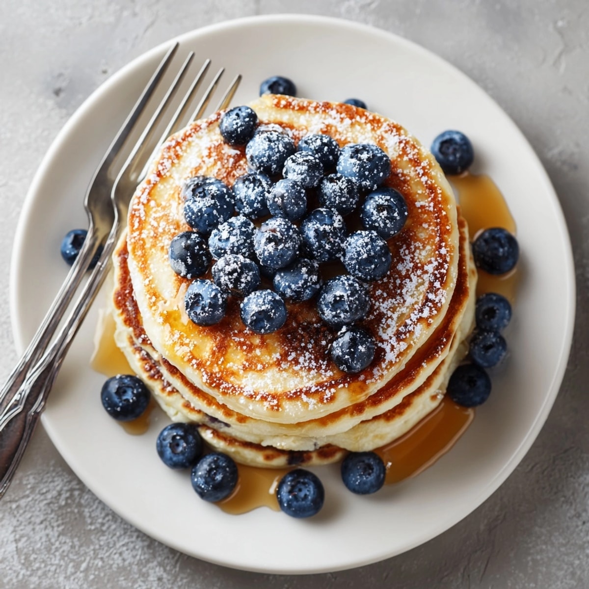 Stack of fluffy blueberry pancakes topped with fresh berries and golden maple syrup drizzle.