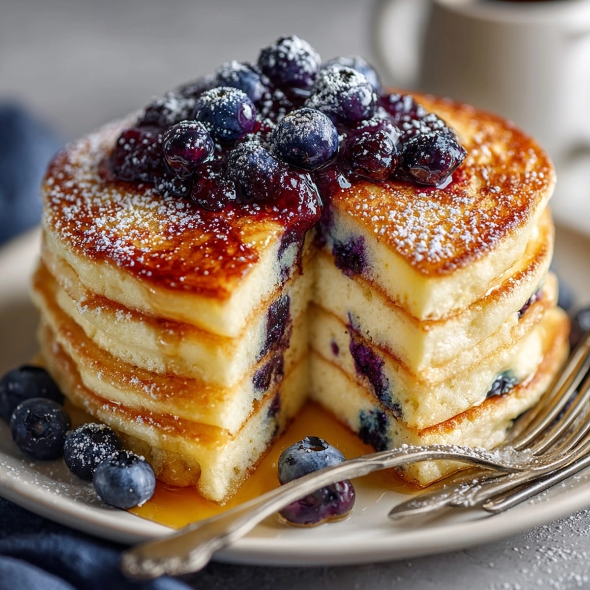 Hot blueberry pancakes on a breakfast plate, steam rising, surrounded by extra blueberries and butter.