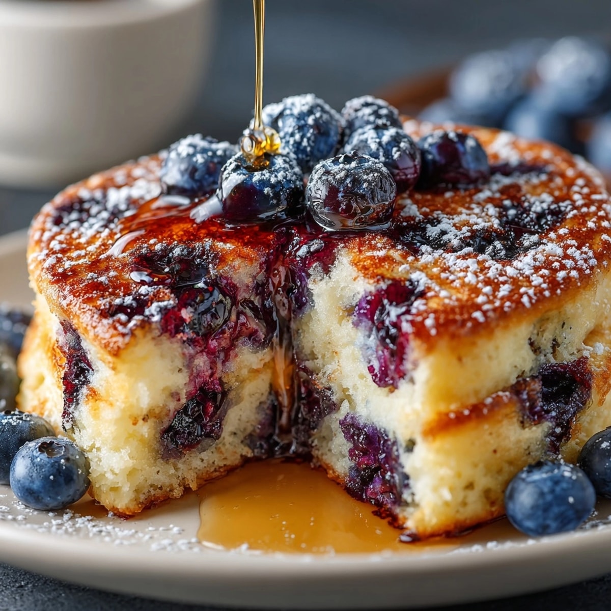 Close-up of homemade blueberry pancakes, golden edges showing, ready to serve with syrup for brunch.