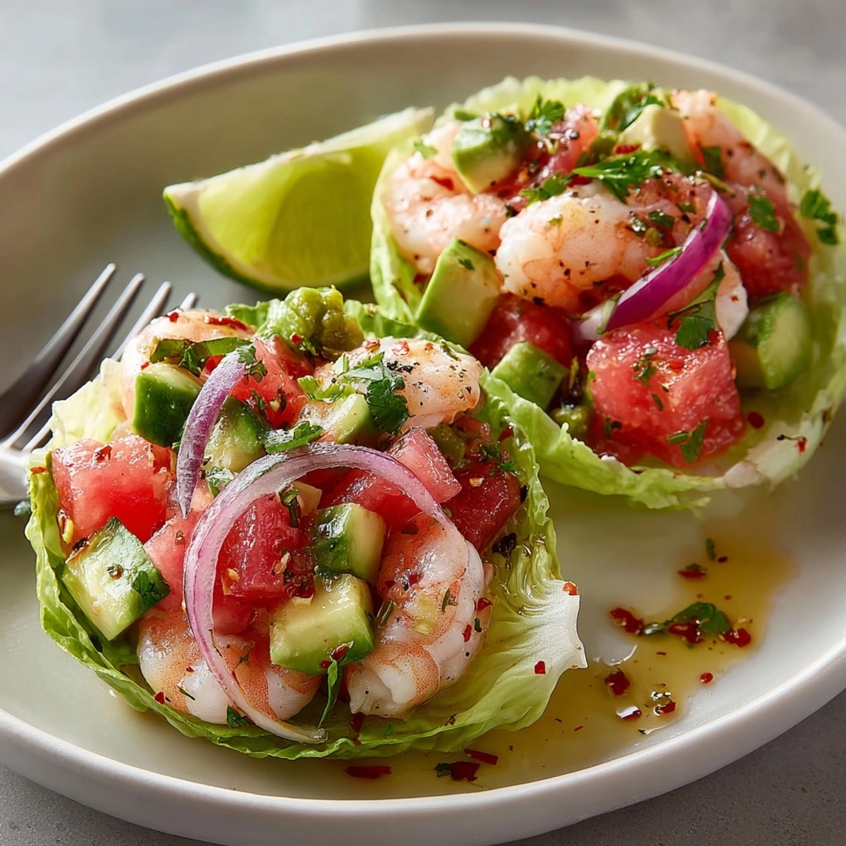 Appetizer plate of spicy watermelon shrimp ceviche cups, perfect for summer entertaining outdoors.