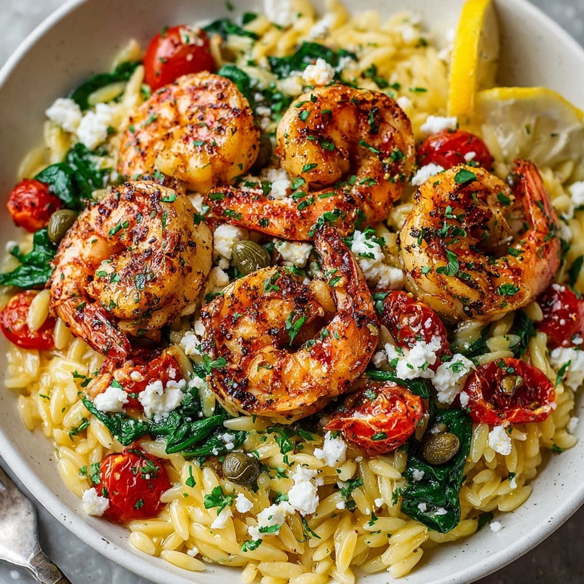 Lemon Feta Orzo with Roasted Shrimp plated with vibrant herbs and juicy shrimp atop creamy orzo.