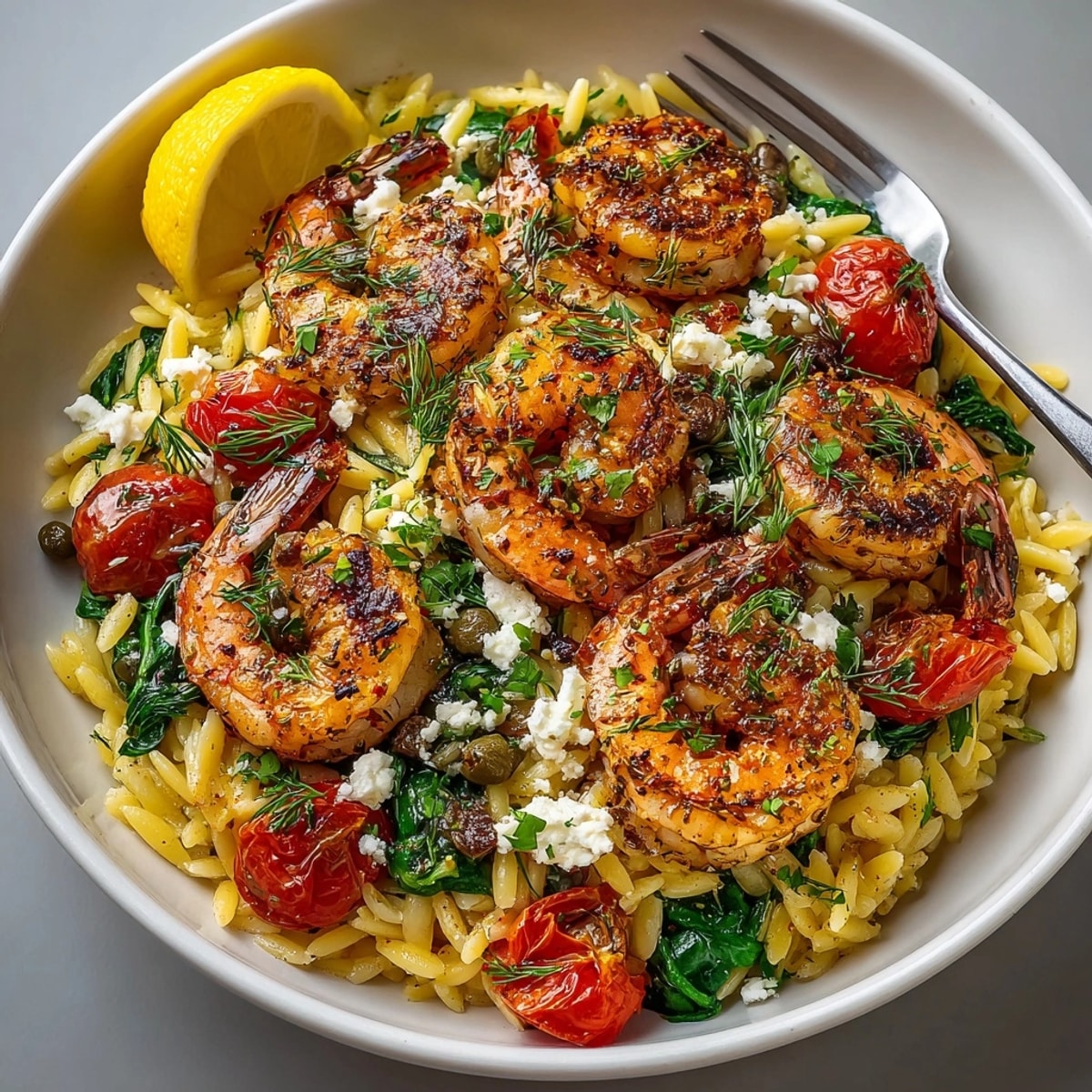 Close-up of Lemon Feta Orzo with Roasted Shrimp, showing creamy feta, golden shrimp, and bright cherry tomatoes.