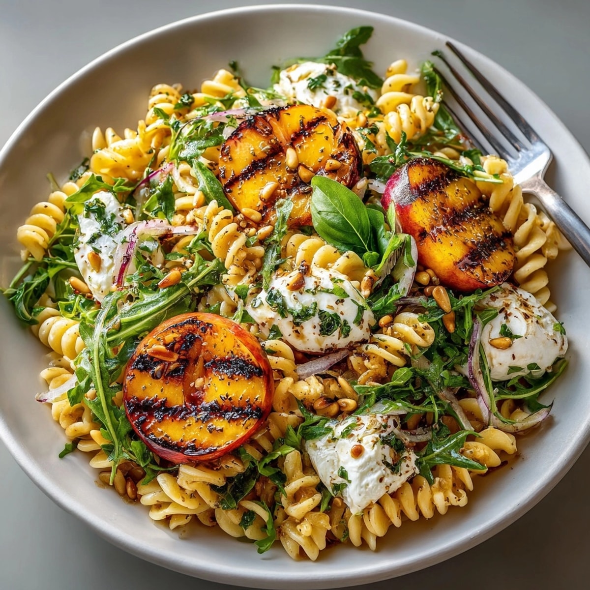Colorful grilled peach & burrata pasta salad tossed with fresh basil and golden vinaigrette.
