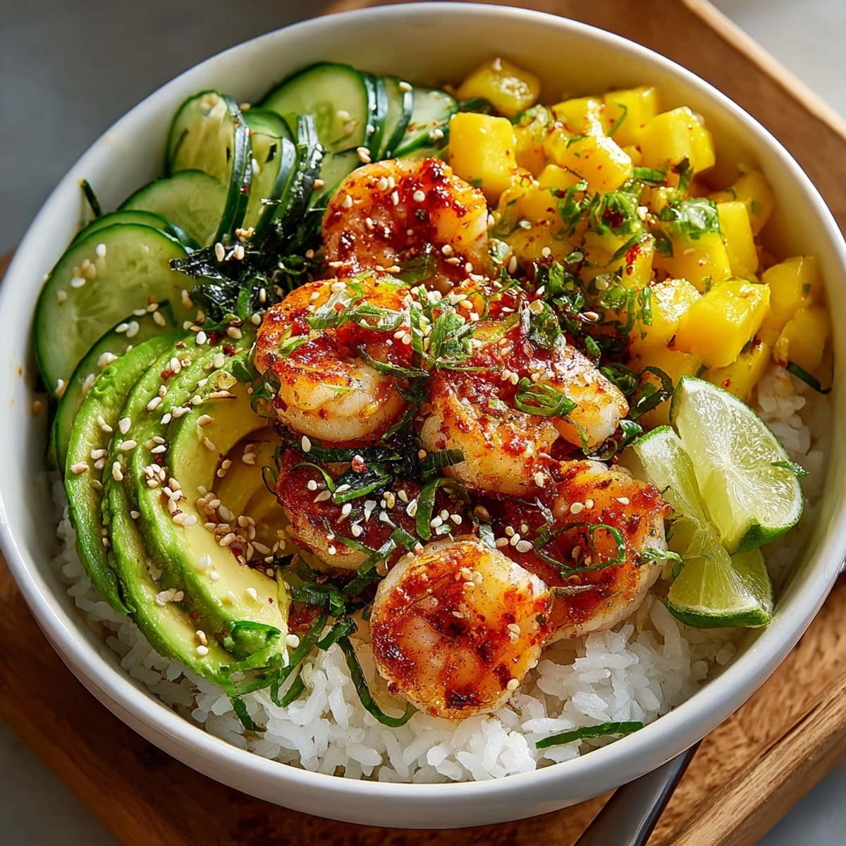 Close-up of creamy avocado and juicy shrimp atop rice, finished with fresh mango salsa.