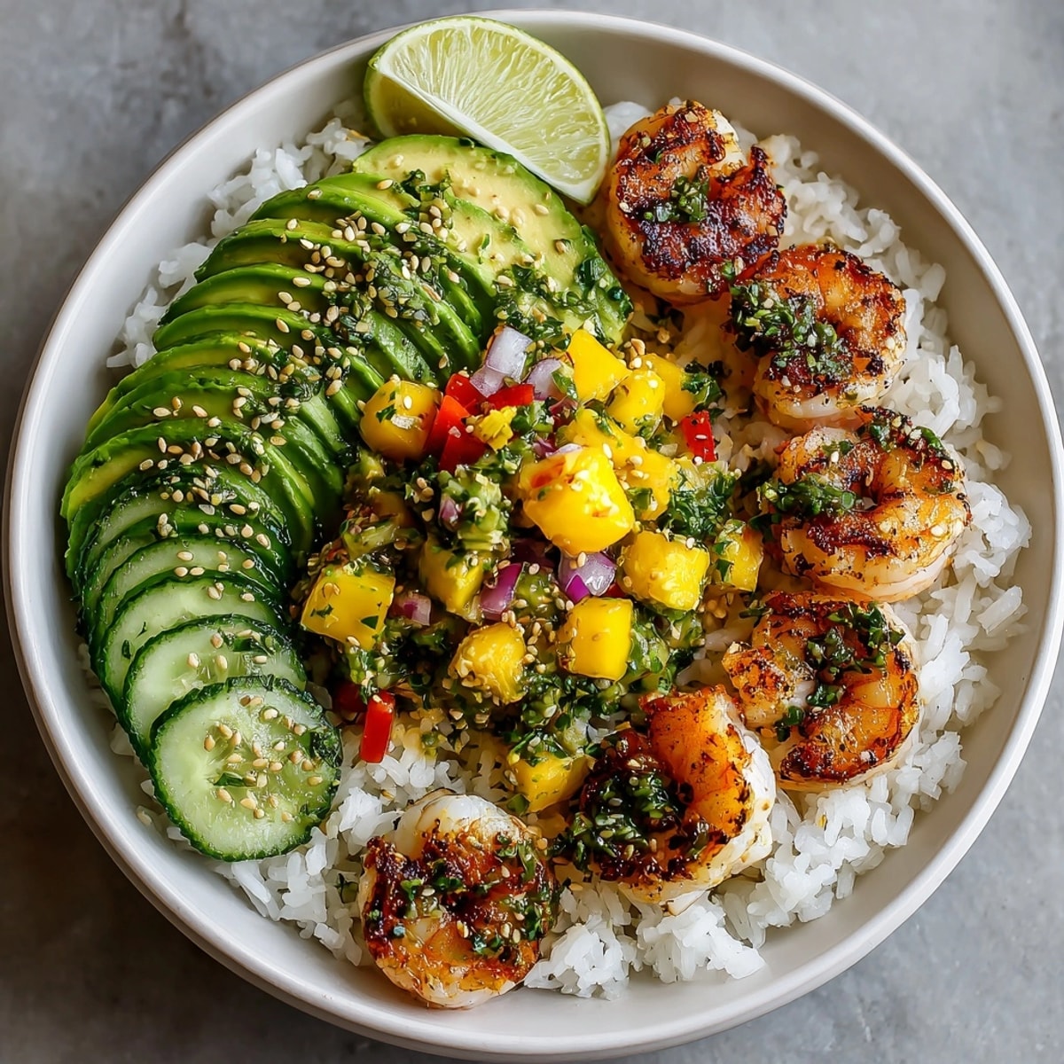 Bright Avocado Shrimp Rice Bowls with Mango Salsa, ready to eat as a light summer meal.