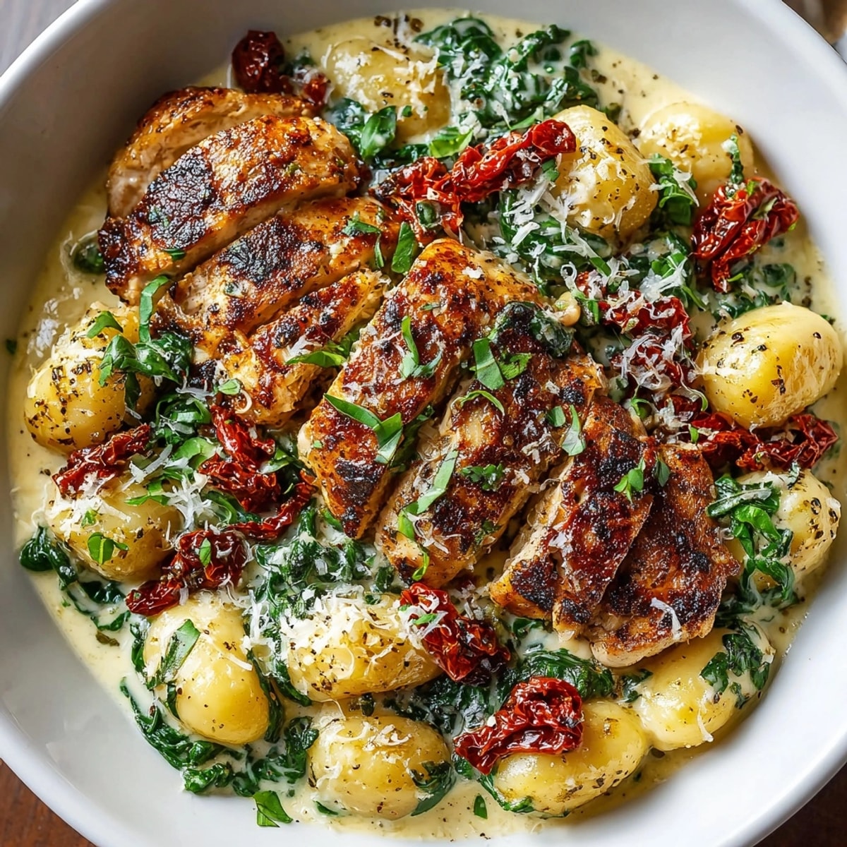 Marry Me Chicken &amp; Gnocchi Skillet served hot in a creamy Parmesan sauce with basil garnish.