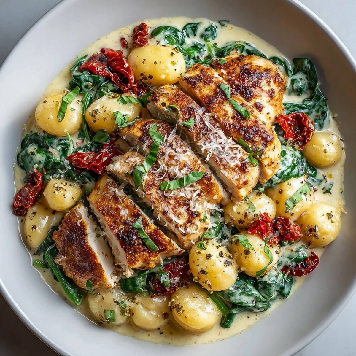 Creamy Marry Me Chicken & Gnocchi Skillet bubbling in a skillet, topped with fresh herbs and cheese.