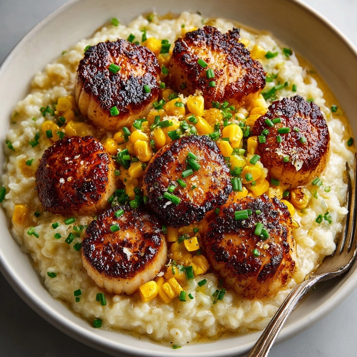 Close-up of Honey Butter Seared Scallops with Corn Risotto, glistening with pan juices and fresh chives.