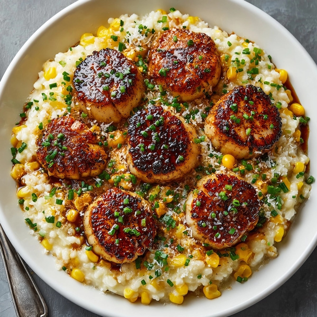 Honey Butter Seared Scallops with Corn Risotto served as a main dish, highlighting buttery richness and vibrant textures.