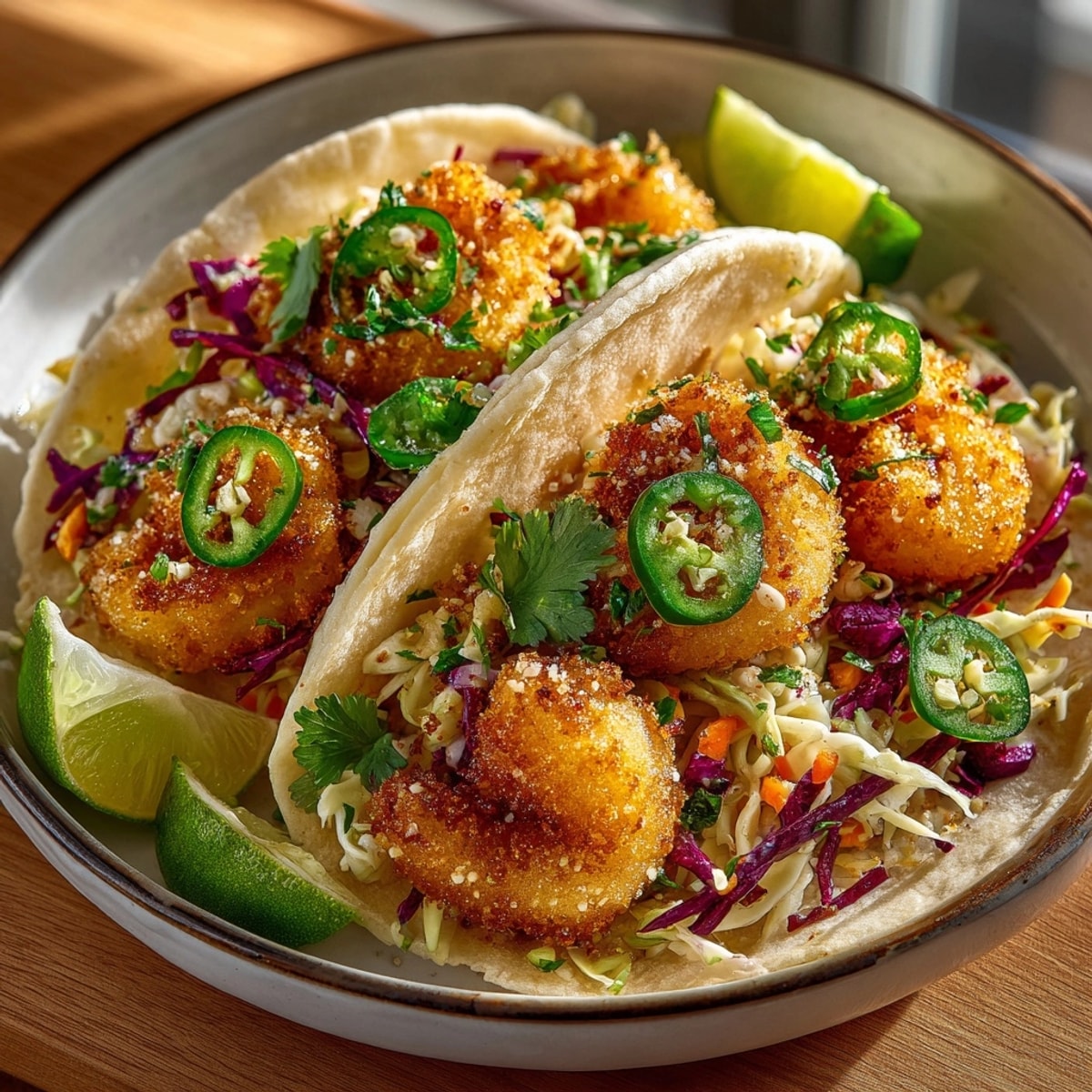 Beer-battered shrimp tacos with slaw arranged in soft tortillas, garnished with fresh cilantro and lime wedges.