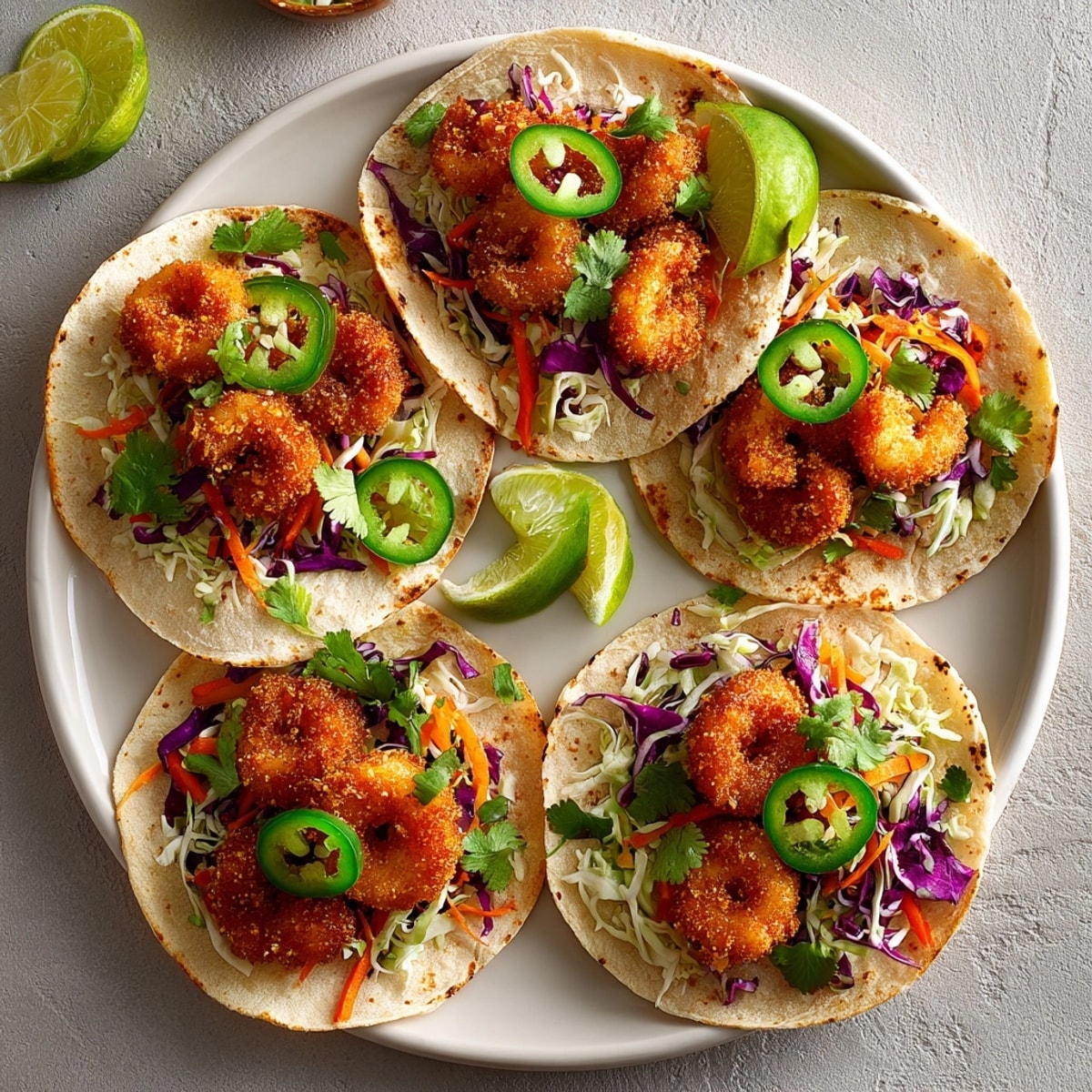 Close-up of crispy beer-battered shrimp tacos with crunchy slaw and colorful toppings, served fresh.