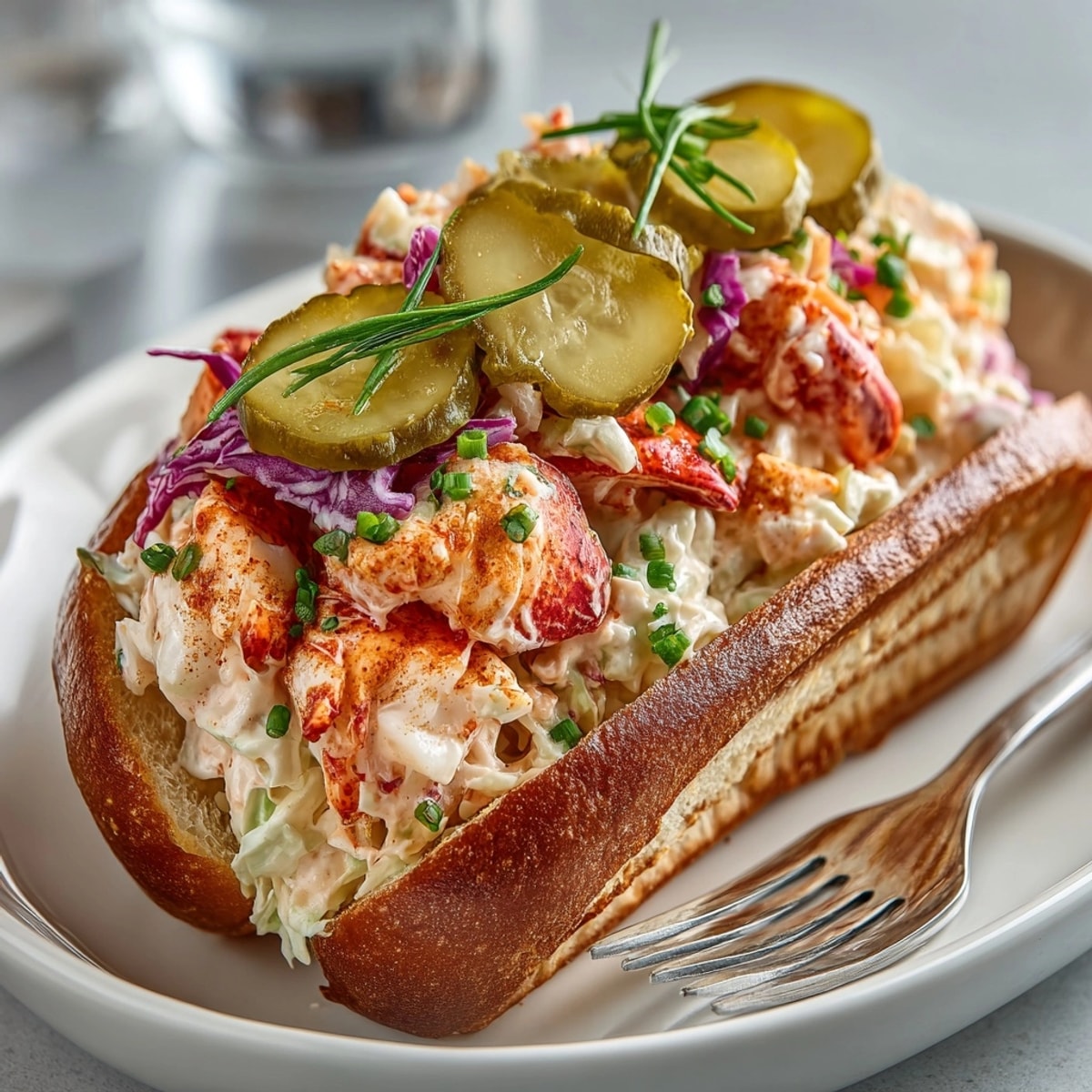 Close-up of spicy Nashville Hot Lobster Rolls, garnished with chives and served on a platter.