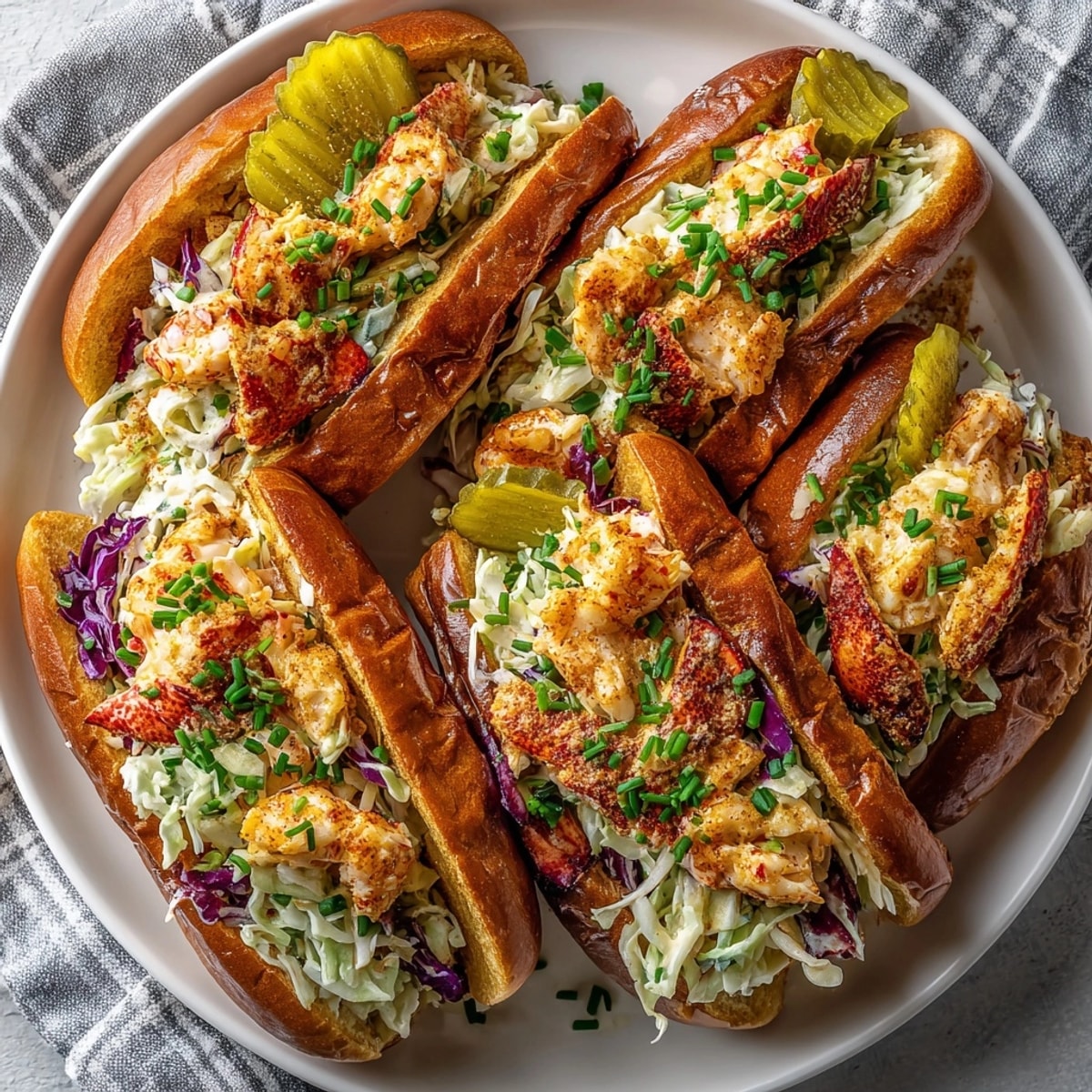 Buttery toasted buns overflowing with Nashville Hot Lobster Rolls, crisp cabbage slaw, and tangy pickles.