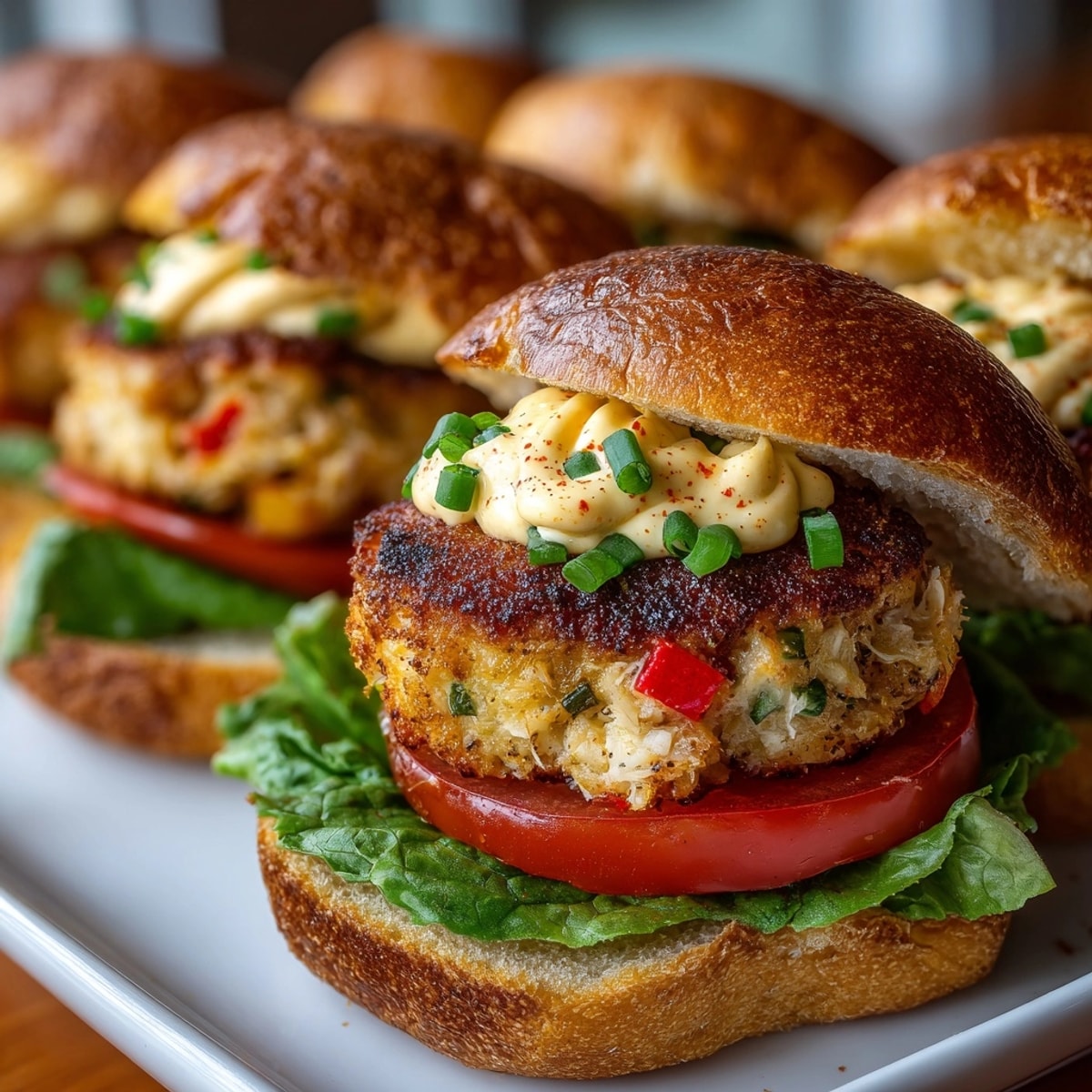 Crab Cake Sliders with Old Bay Aioli stacked on toasted buns with crisp lettuce and tomato.