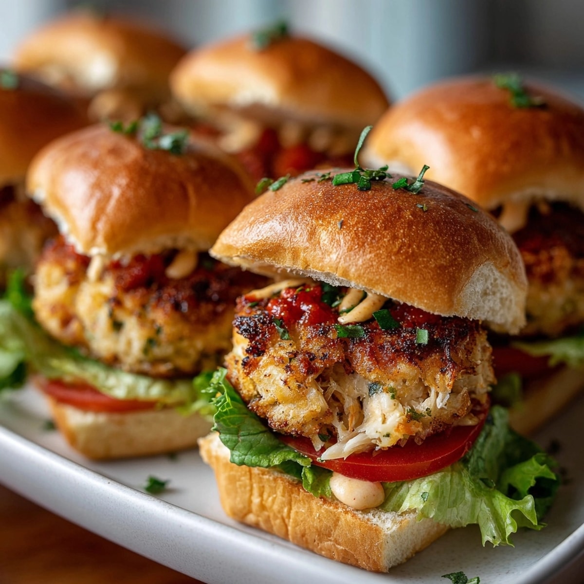 Golden crab cake sliders bursting with herbs, served with creamy Old Bay aioli for dipping.