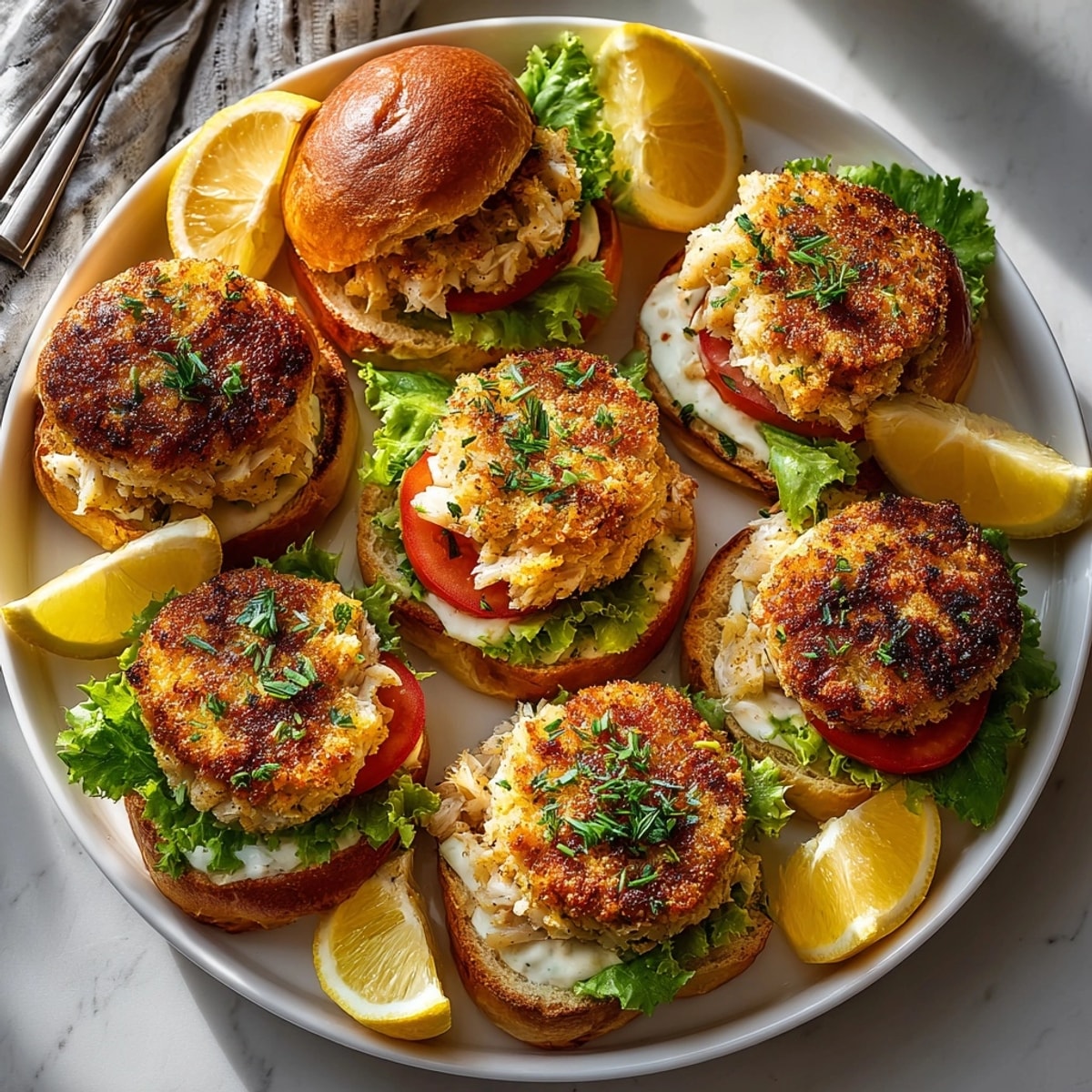 Freshly cooked Crab Cake Sliders with Old Bay Aioli, garnished with lemon wedges and butter lettuce.