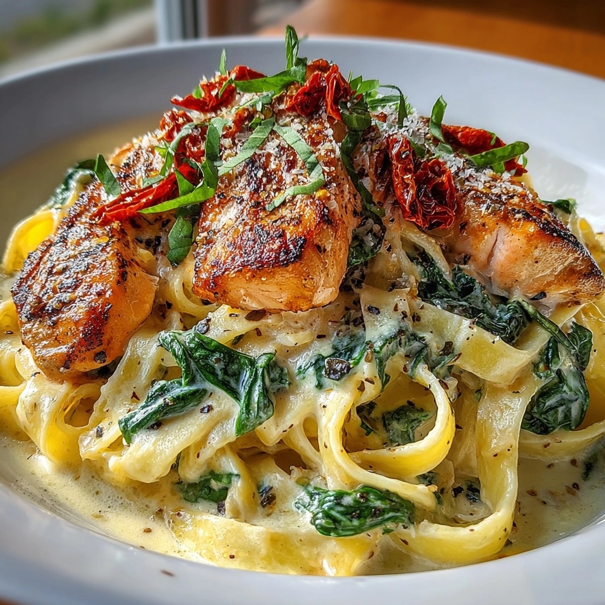 Creamy Garlic Tuscan Salmon Pasta topped with fresh basil and extra Parmesan, served hot.
