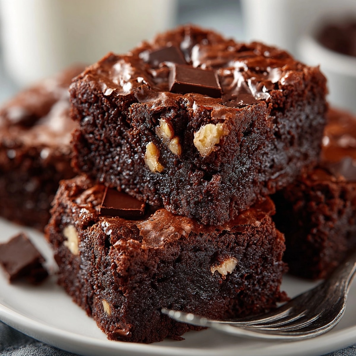 Freshly baked brownies with a crackly top and gooey, chocolatey center on a wooden board