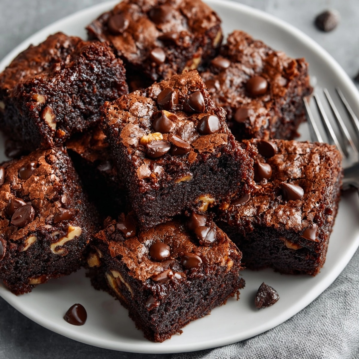 Brownies served warm with a glass of cold milk, featuring chewy edges and glossy tops