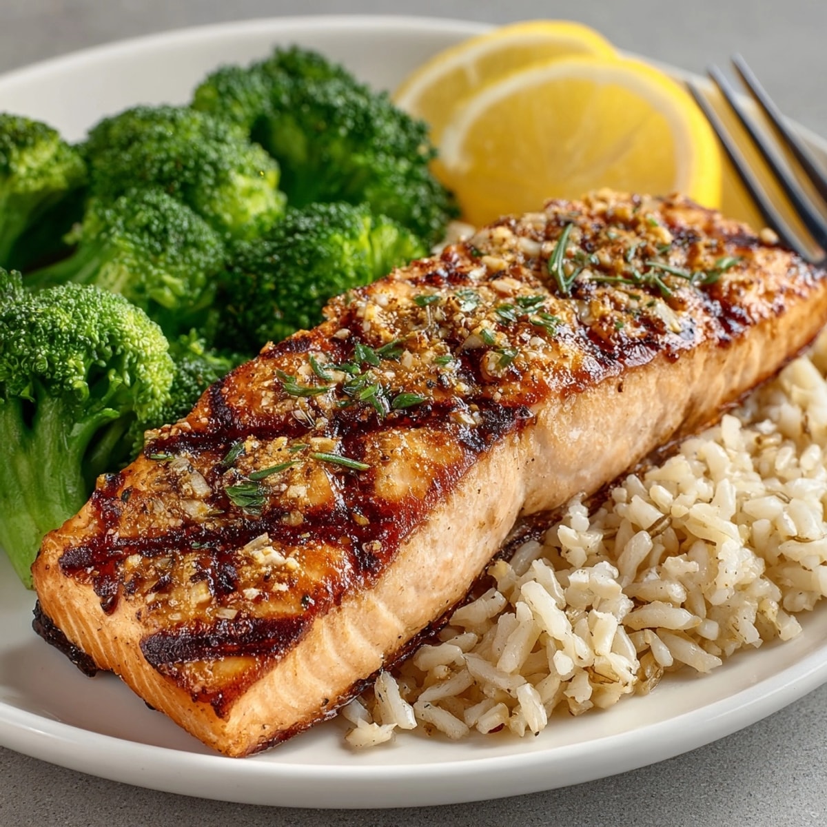 Grilled Salmon with Steamed Broccoli and Brown Rice plated with lemon wedges and fresh herbs.