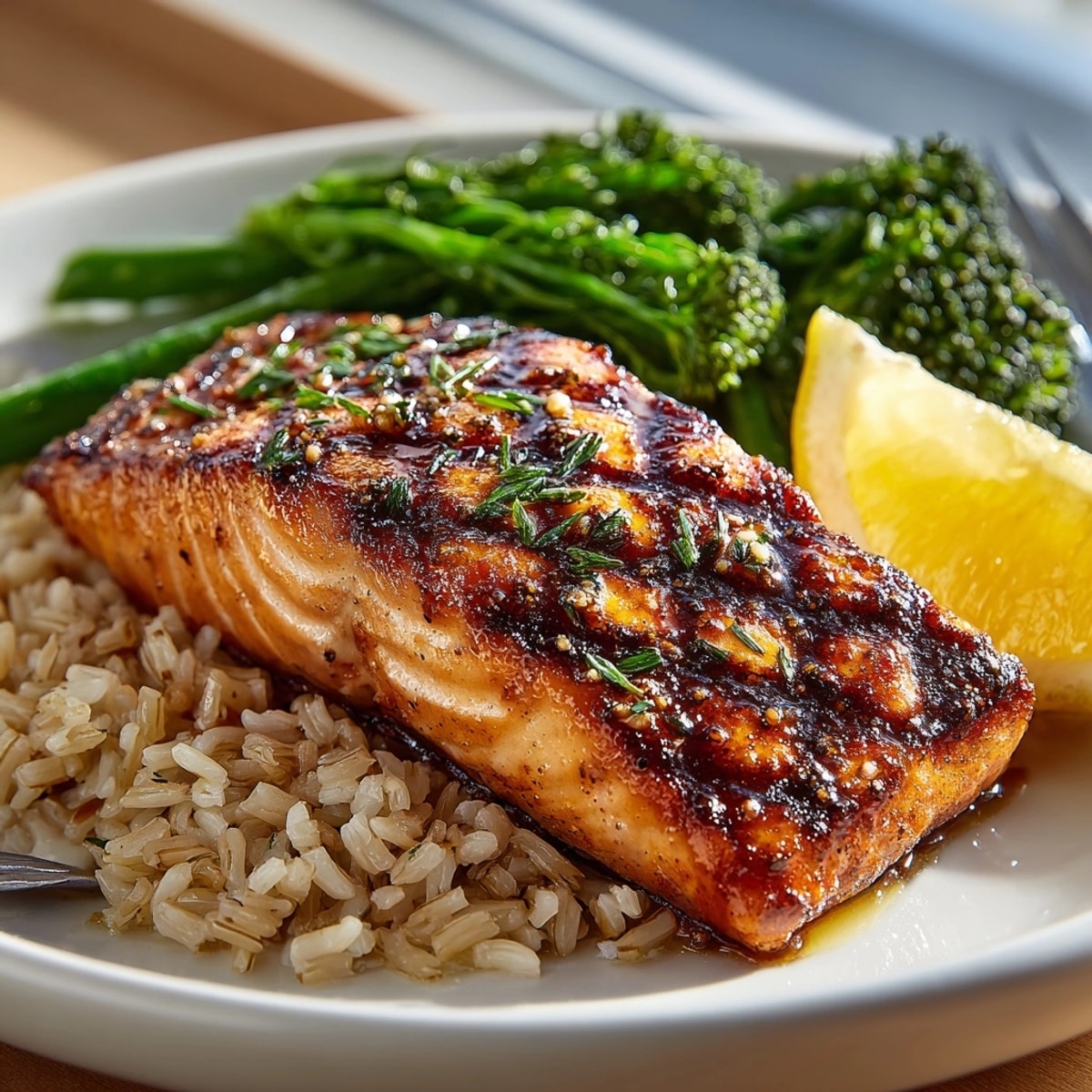 Juicy grilled salmon fillets served over brown rice with vibrant steamed broccoli on the side.