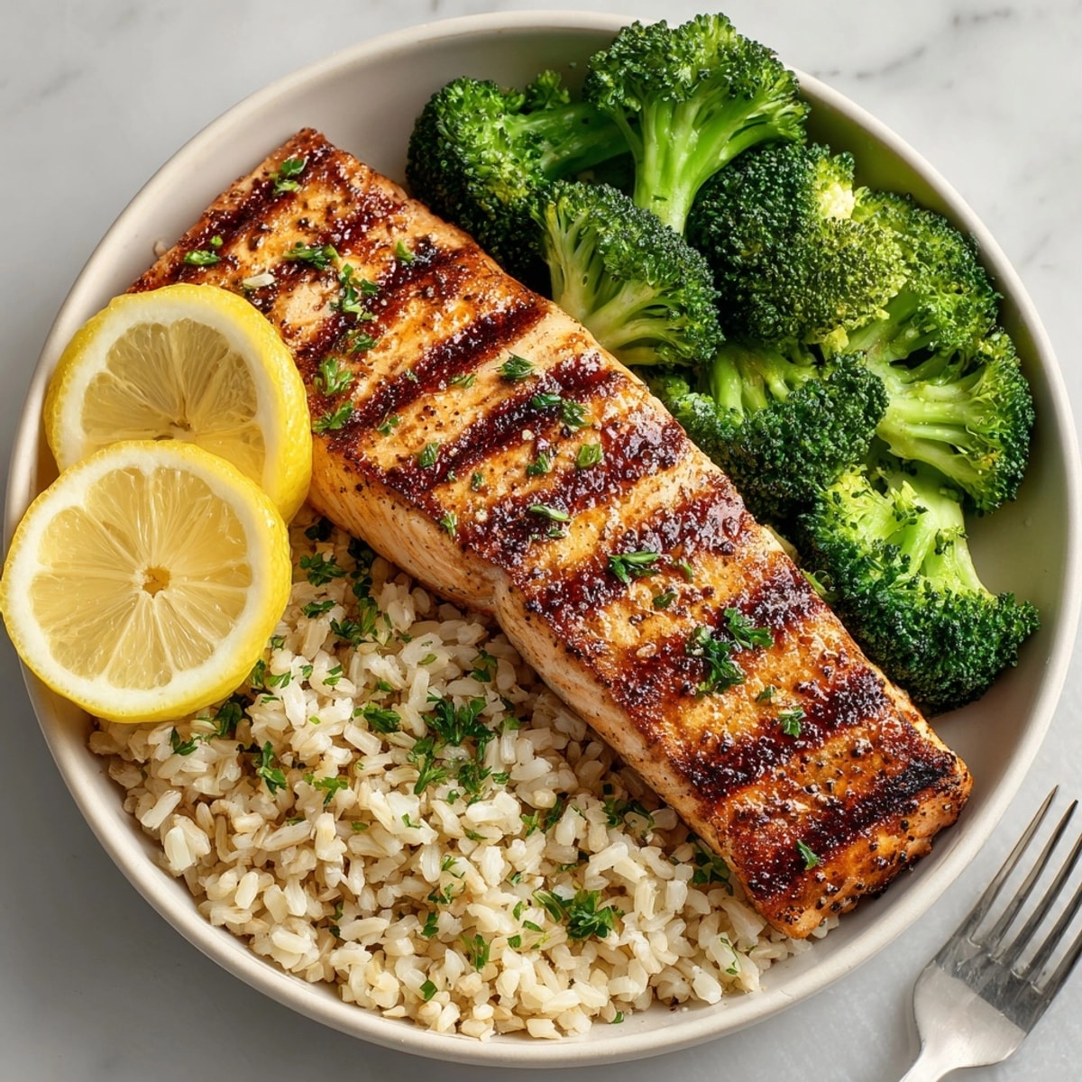 Healthy Grilled Salmon with Steamed Broccoli and Brown Rice ready for a balanced dinner.
