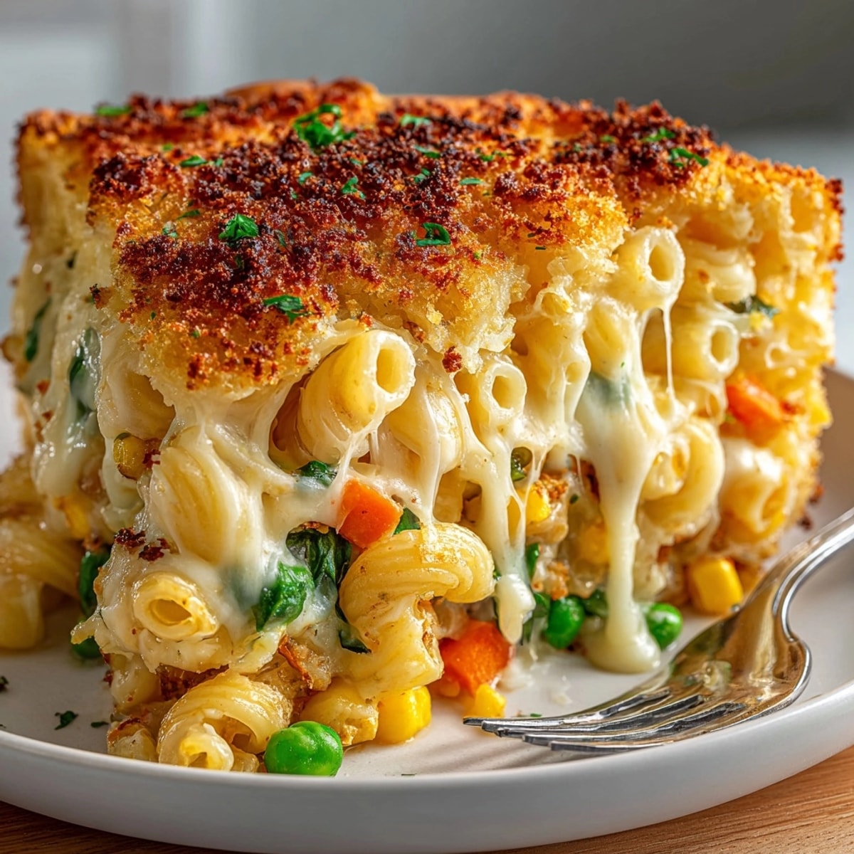 Melty Mashup Mac and Cheese Pot Pie Pasta baked until golden with crispy breadcrumb topping.