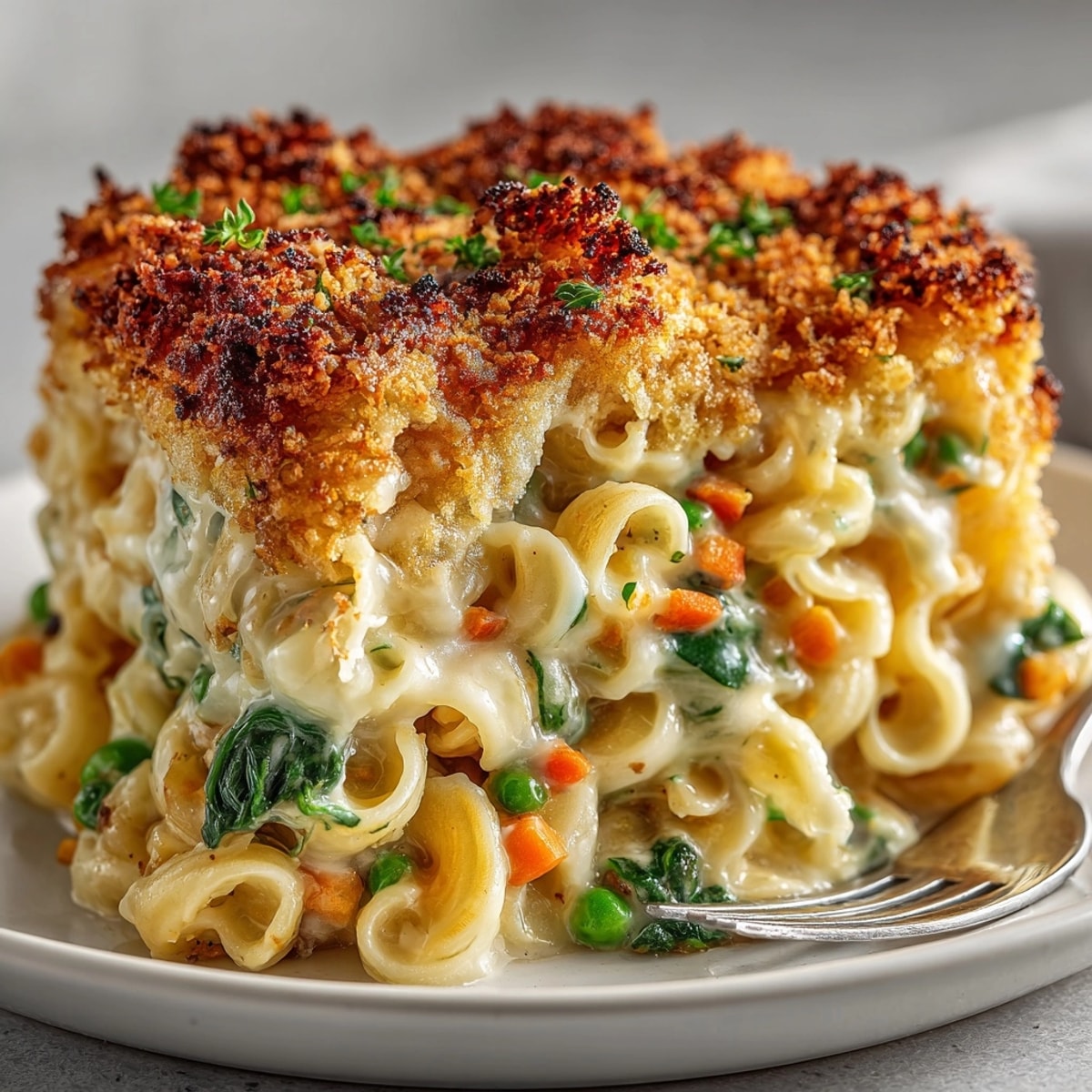 Cheesy Melty Mashup Mac and Cheese Pot Pie Pasta served warm, featuring creamy sauce and tender vegetables.