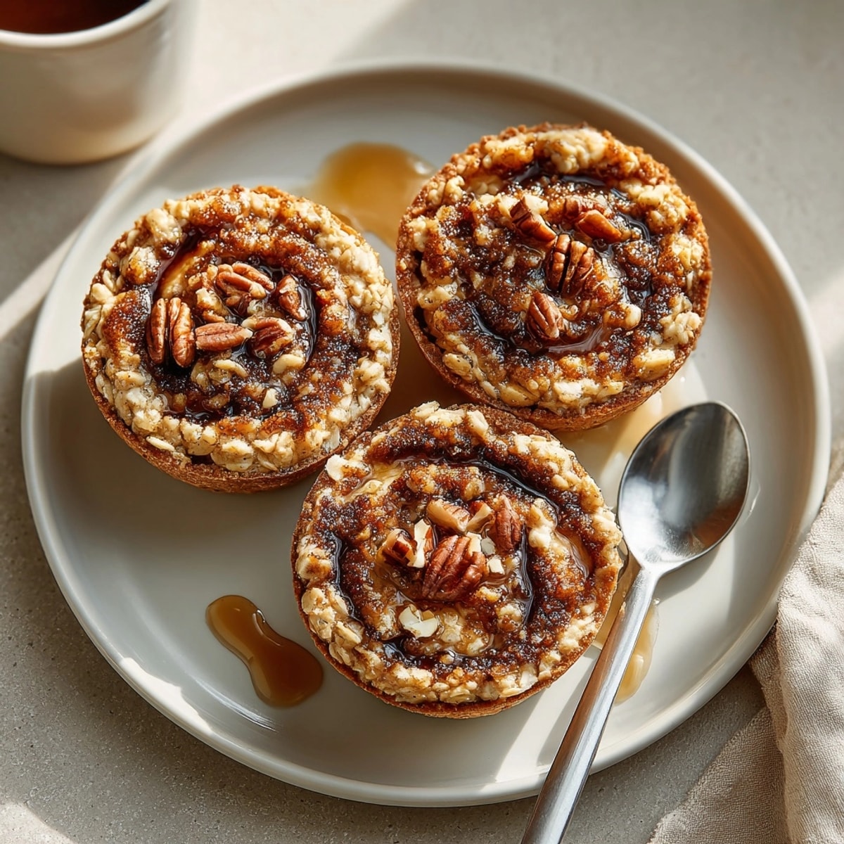 Freshly baked Cinnamon Swirl Baked Oatmeal Cups on a rustic breakfast table, ready to serve.