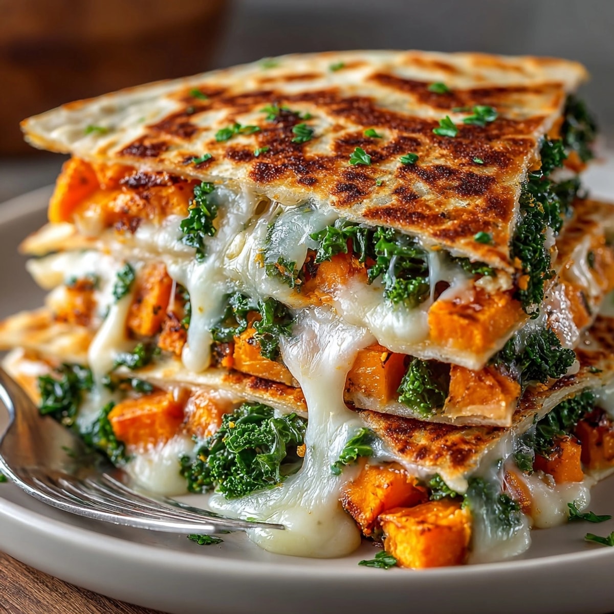 Sweet Potato & Kale Quesadillas sliced on a platter, cheese melting between crispy tortillas