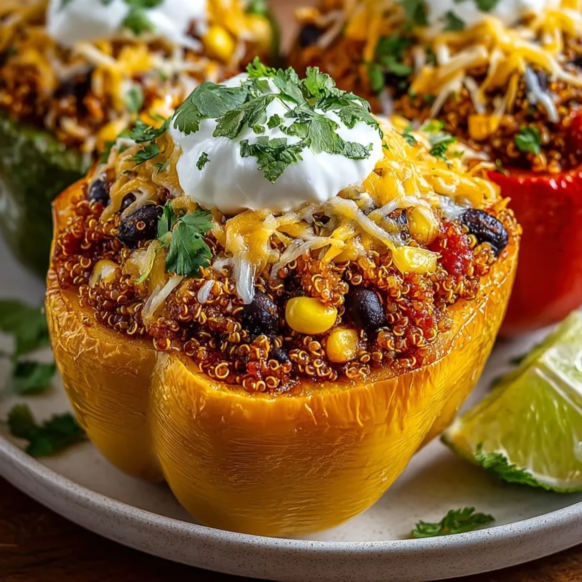 Quinoa-Stuffed Bell Peppers baked until tender, topped with melted cheese and fresh cilantro garnish.