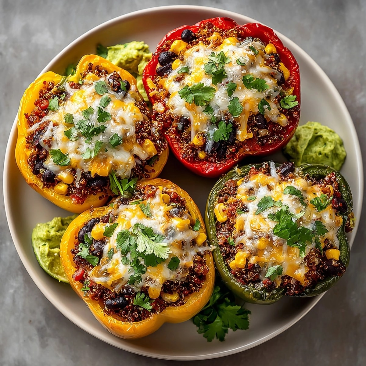 Colorful Quinoa-Stuffed Bell Peppers served hot, filled with savory quinoa and sprinkled with creamy avocado crema.
