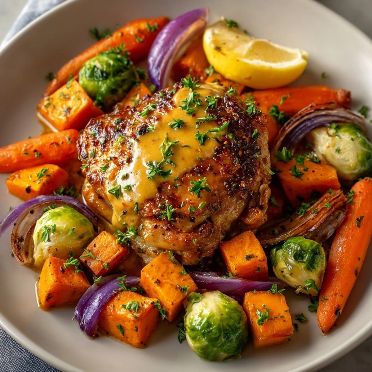Freshly roasted One-Pan Honey Mustard Chicken and Autumn Vegetables with golden, caramelized edges and vibrant colors.