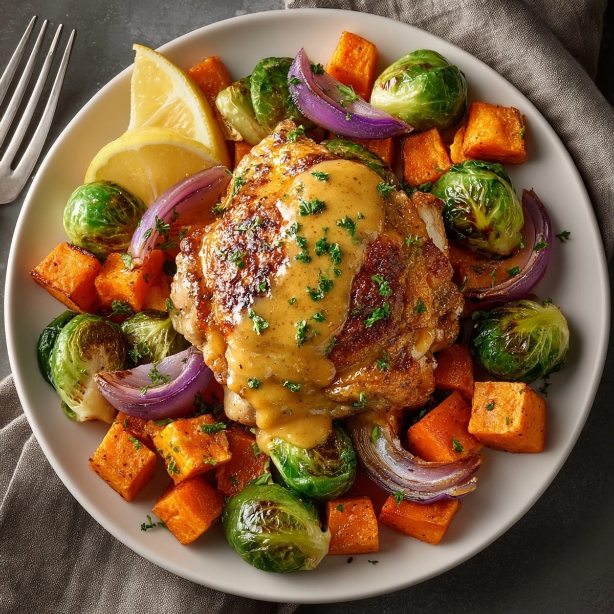 One-Pan Honey Mustard Chicken and Autumn Vegetables hot out of the oven, ready for a comforting family dinner.
