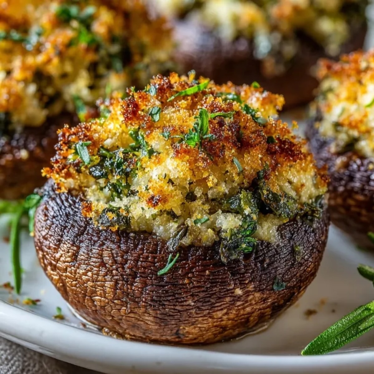 Rosemary Parmesan Stuffed Mushrooms arranged on a platter, golden and ready to serve.