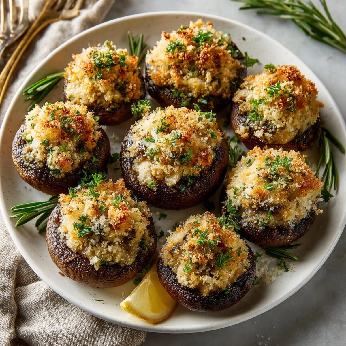 Party appetizer spread featuring Rosemary Parmesan Stuffed Mushrooms, garnished with lemon zest and rosemary.