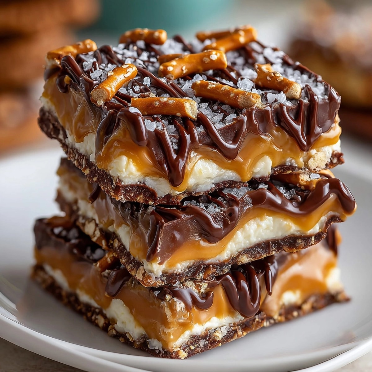 Salted Caramel Pretzel Bark Bites stacked on a plate, showing gooey caramel and sea salt sparkle.