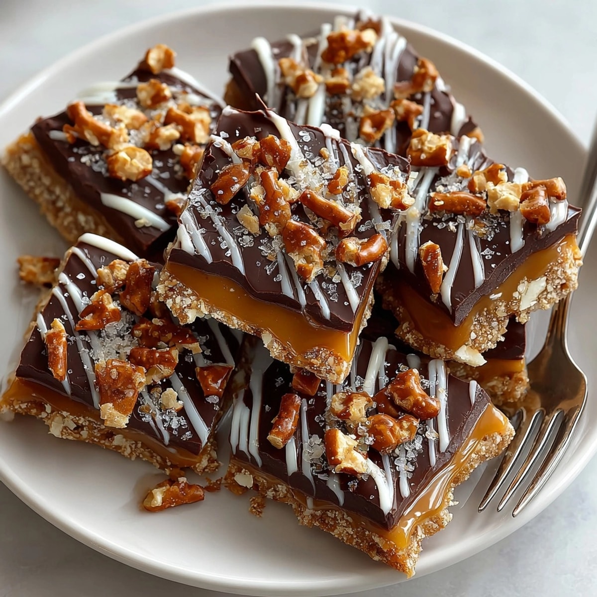 Close-up of Salted Caramel Pretzel Bark Bites with rich melted chocolate and crunchy pretzel pieces.