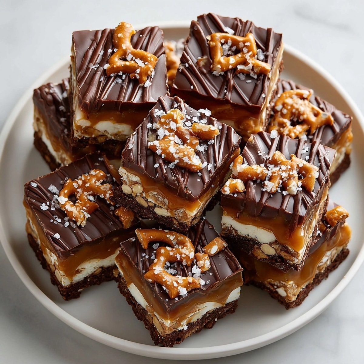 Salted Caramel Pretzel Bark Bites served for a holiday dessert, layered with chocolate, caramel, and pretzels.