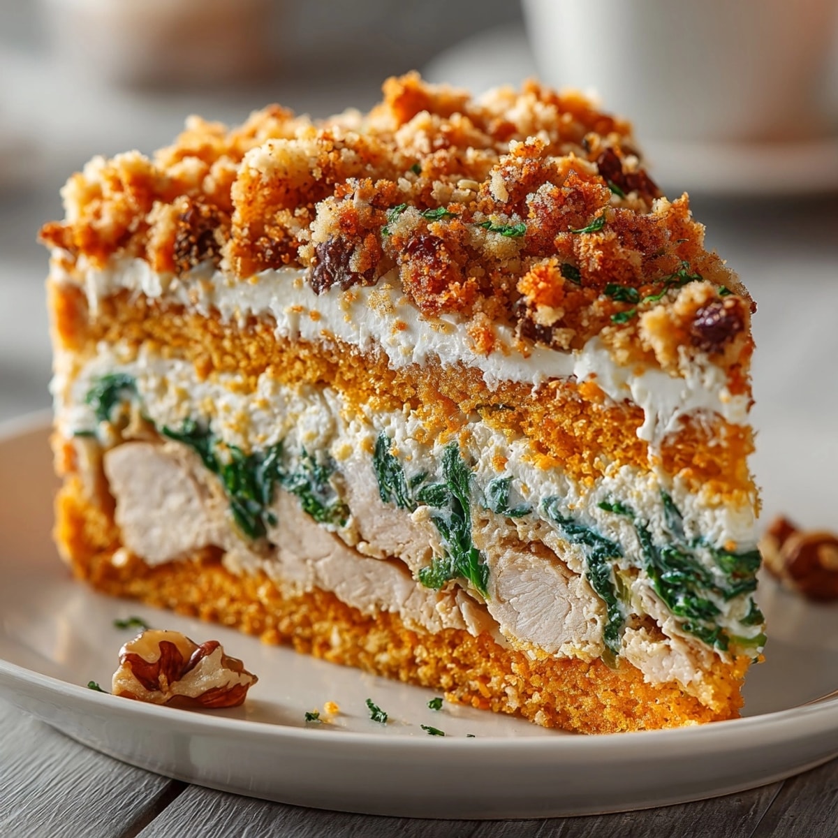 Close-up of a Chaos Cake Thanksgiving Turkey Disaster topped with golden sweet potato crumble.