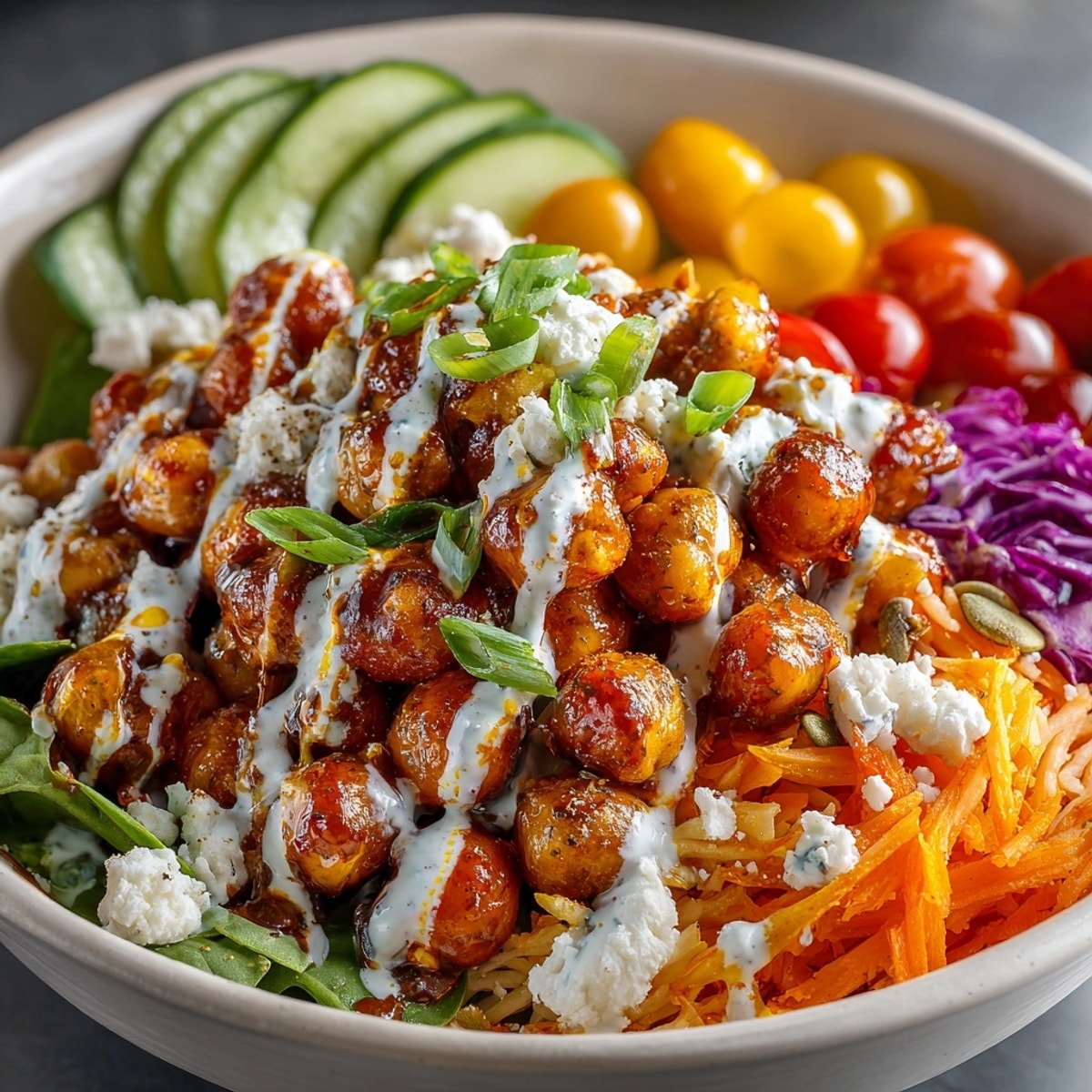 Close-up of a colorful 15-minute Buffalo Chickpea Power Bowl with creamy Greek yogurt drizzle.