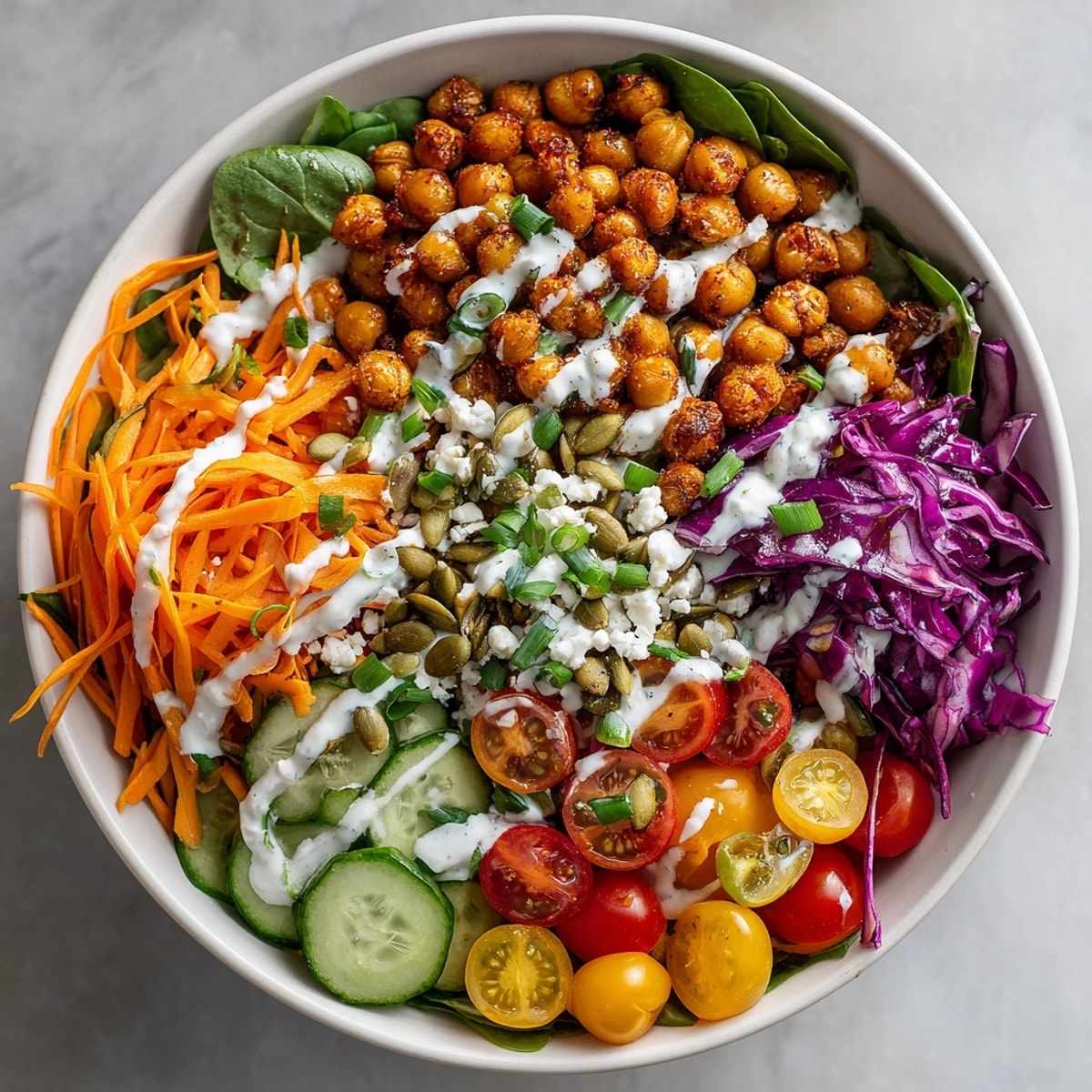 Vibrant Buffalo Chickpea Power Bowl topped with fresh veggies and tangy Greek yogurt dressing.