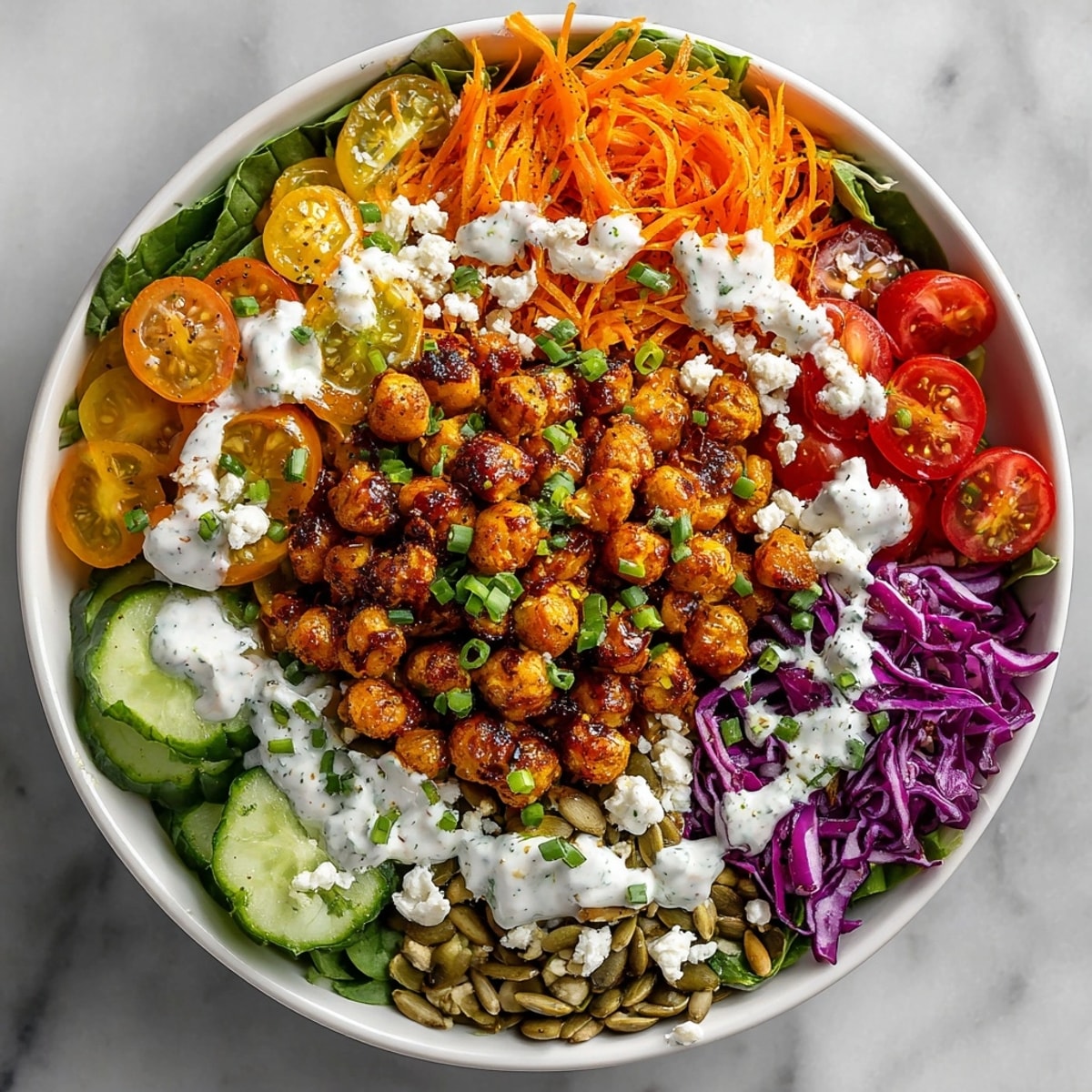 Healthy 15-minute Buffalo Chickpea Power Bowl featuring crisp greens and warm spiced chickpeas.