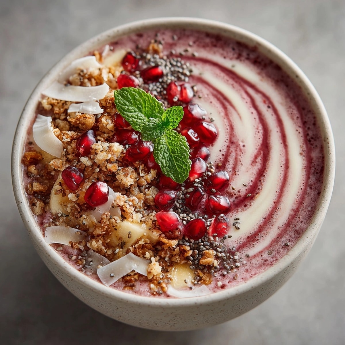 Festive Cherry-Coded Holiday Smoothie Bowl topped with vibrant pomegranate seeds and granola.