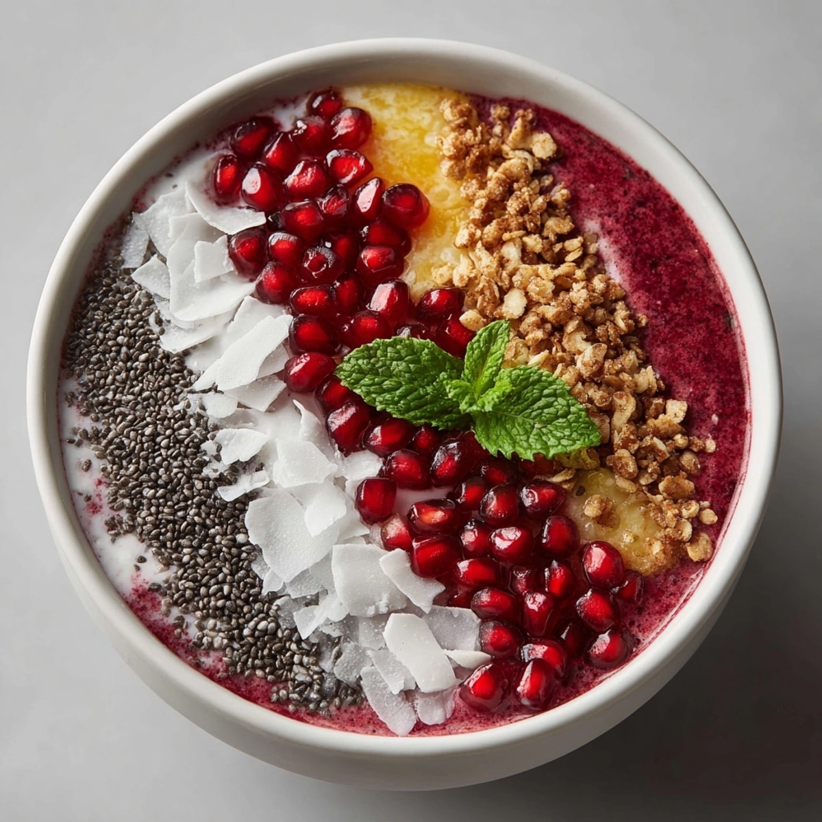 Bright Cherry-Coded Holiday Smoothie Bowl garnished with pomegranate, mint, and fresh toppings.