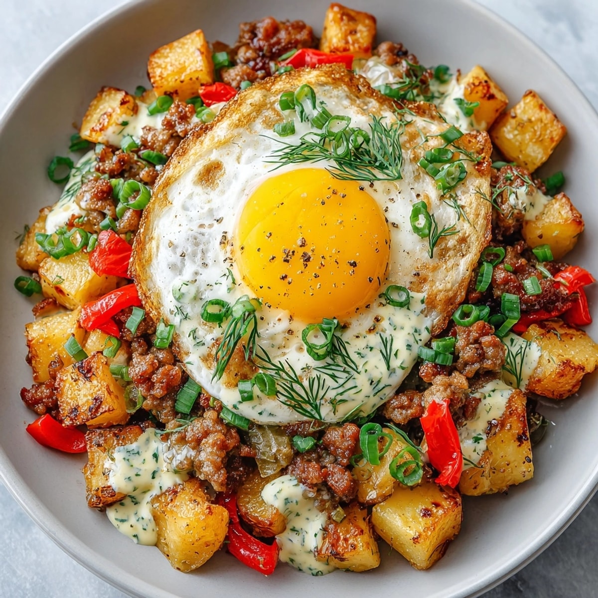 Pickle-Fix Loaded Breakfast Hash with Dill Ranch featuring crispy potatoes, sausage, and zesty sauce on a warm plate.