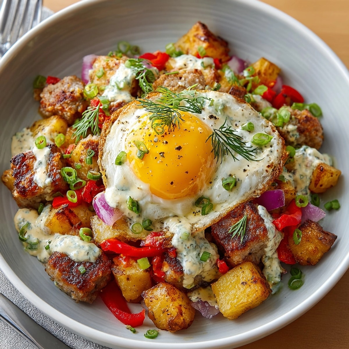 Close-up of Pickle-Fix Loaded Breakfast Hash with Dill Ranch, topped with fried egg and fresh green onions.