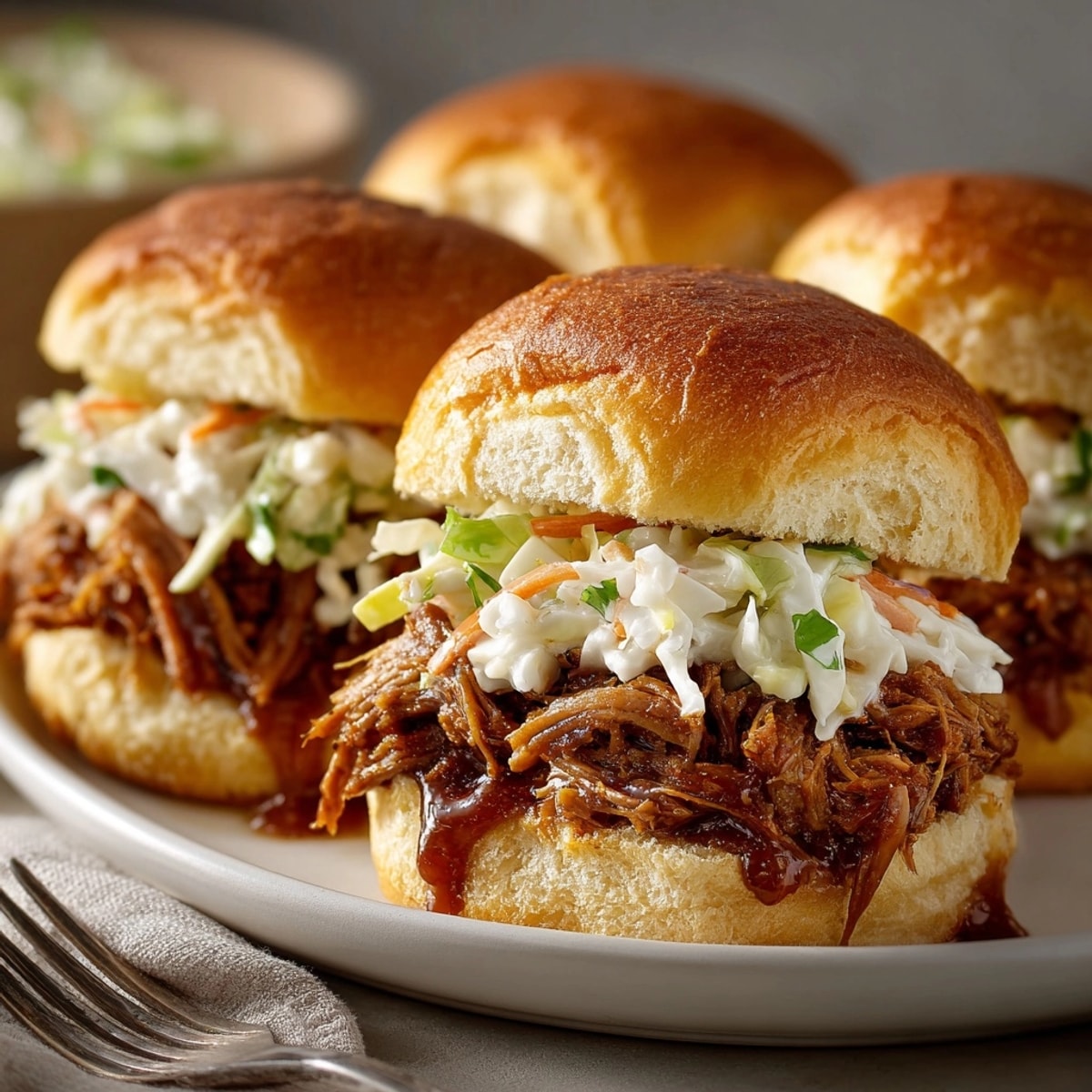 Freshly assembled Rebel Float Root Beer Braised Pork Sliders with vibrant slaw, perfect for game day gatherings.