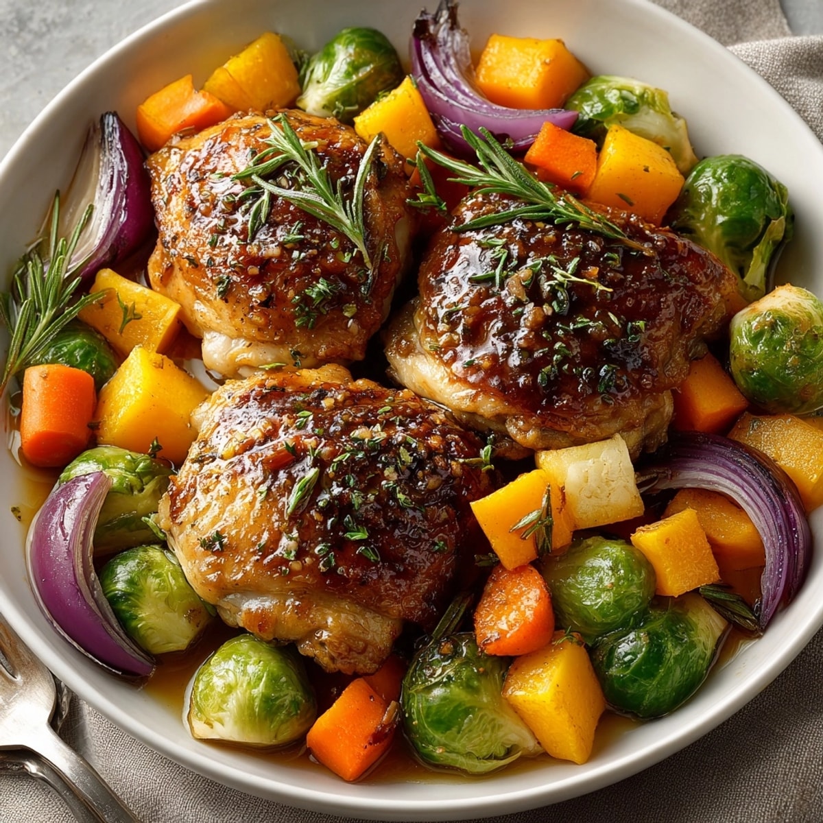 One-Pan Honey Garlic Chicken with Roasted Fall Vegetables served golden-brown with caramelized root veggies and pan juices.