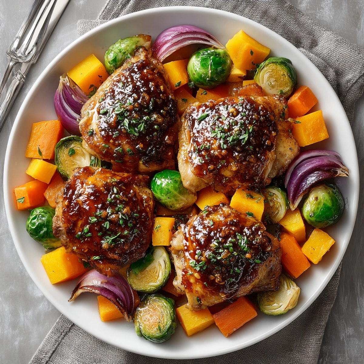 Juicy One-Pan Honey Garlic Chicken with Roasted Fall Vegetables arranged on a rustic baking sheet, ready for a cozy dinner.